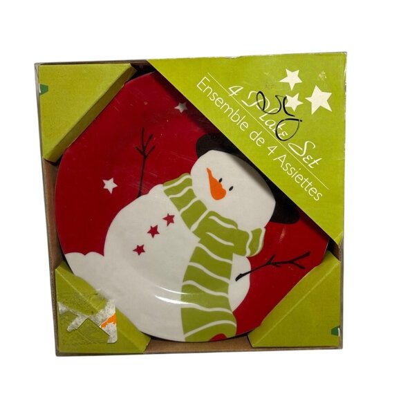 4 Snowman Plates Red & Green Holiday Design 7.5 Inch Ceramic Winter Festive - Picture 1 of 4